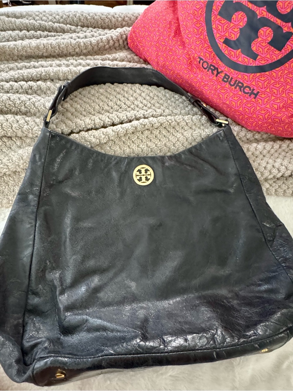 Tory Burch Black Leather Shoulder Hobo with Gold Logo Medallion